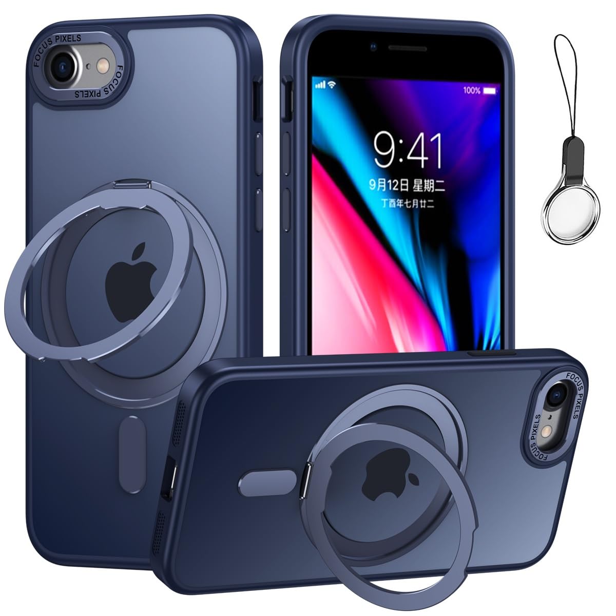 iPhone SE3/SE2/SE/8/7 用 ケース Magsafe対応【360°回転可能可能なMagsafeリングスタンドホルダー一体型】カバースタンド機能 HILEGENER 耐衝撃 カメラレンズ保護 あいほん SE 第3/2世代 半透明 マット感 マグネット搭載 隠しスタンド ケースブルー