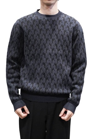 00's "HERMÈS" Navy-Blue H-Pattern Jacquard Cashmere Wool Crewneck Knit