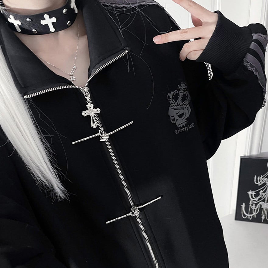地雷系 ジャージ単品 刺繍×レースアップライン｜黒 紫 ライブ 参戦服