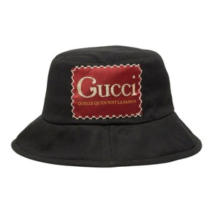 グッチ ロゴ ラベル バケットハット 帽子 サイズ S/57 627174 ブラック レッド コットン レディース GUCCI 【中古】