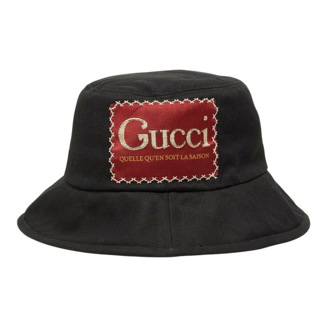 グッチ ロゴ ラベル バケットハット 帽子 サイズ S/57 627174 ブラック レッド コットン レディース GUCCI 【中古】