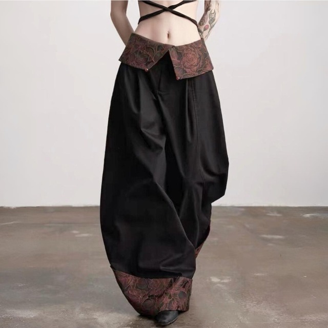 Rose pattern foldover pants C1234