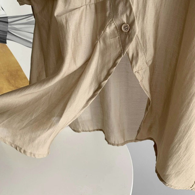 【set up】drawstring sleeve sheer curved button shirt & short pants L0574