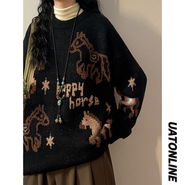 ♥キュートなポニーくつろぎセーター！【UATONLINEシリーズ】★セーター★ ユニセックス ニットトップス 馬 可愛い