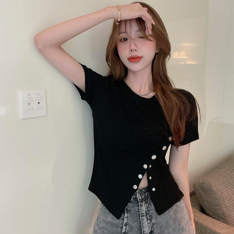 スリムソリッド カラープルオーバー Tシャツ サマー薄手トップス 夏物 ソリッドカラー ガールズファッション64606555751