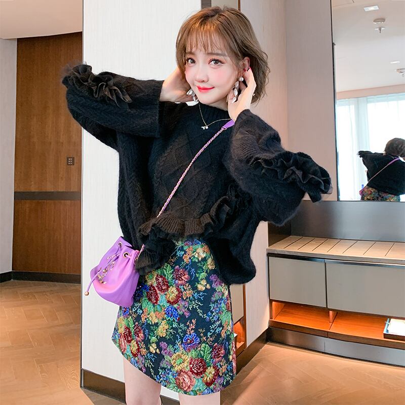 プリーツメッシュスタンダードルーズ薄手セーター ウィンター レトロ 冬物 ステッチ MIUCO35438047767