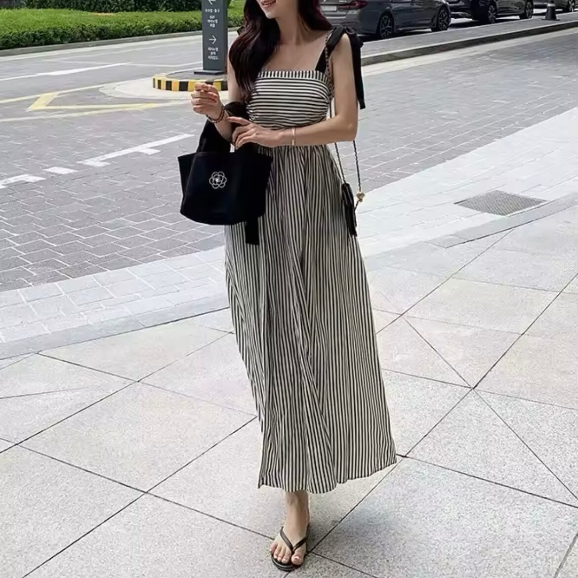 ショルダーリボンストライプワンピース