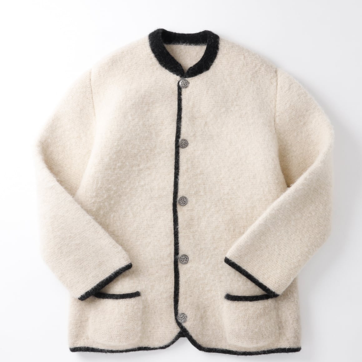 新品】80s HOFER Hevy Wool collarless Jacket Cardigan Vintage Knit 