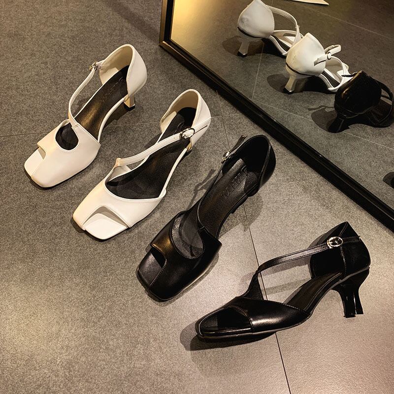 サンダルサマーレッドスタンダードバックルヒール レトロ ハイヒール 靴 シューズ 夏物 フェイクシューズ5757729964