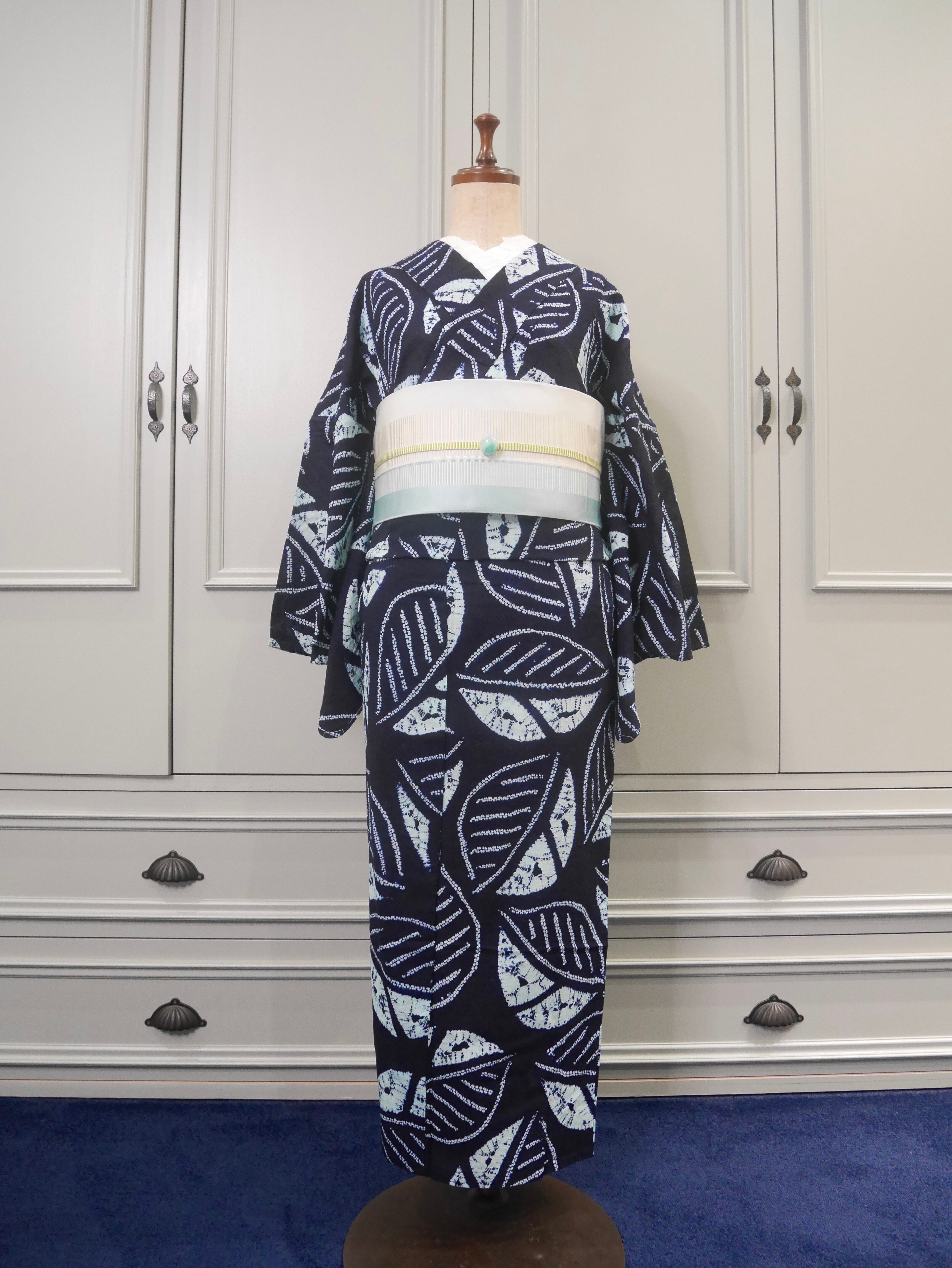 有松鳴海絞り浴衣*藍色×ミントブルーリーフ 0374 | kimono tento