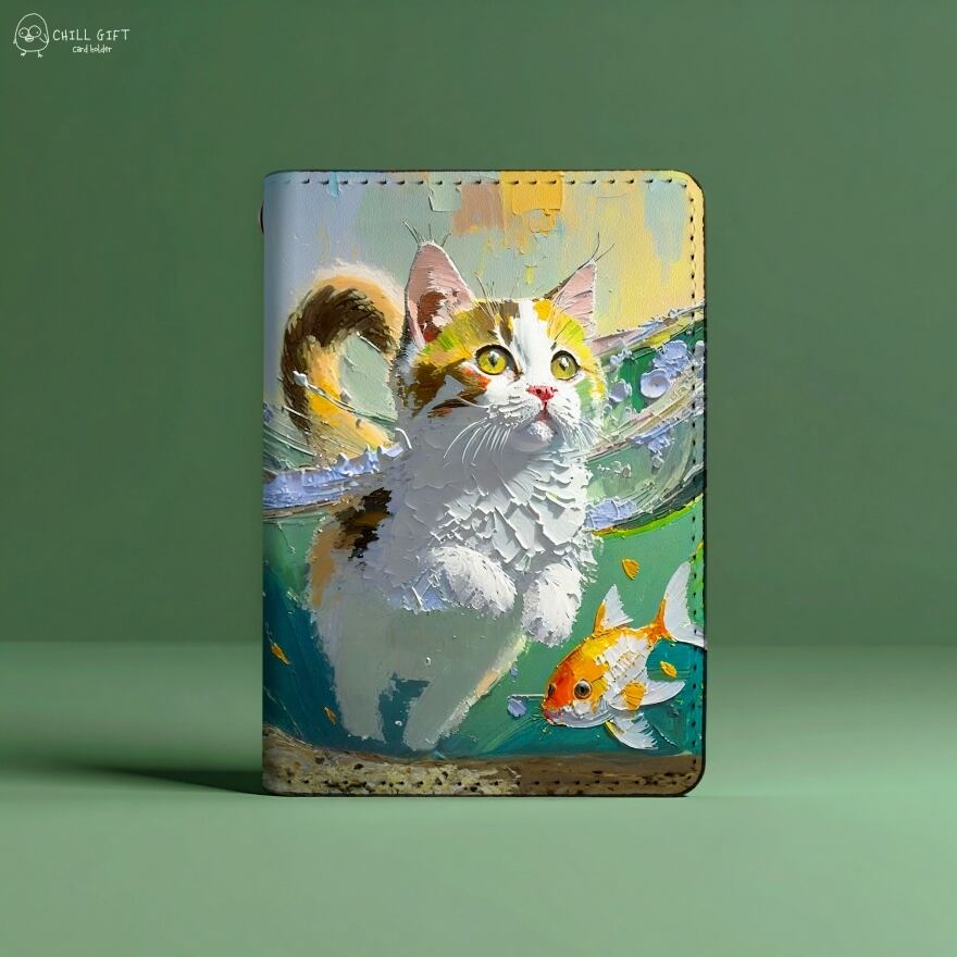 手のひらの中の絵画展~子猫と金魚~ 二つ折りパスケース 定期入れ テクスチャ―アート