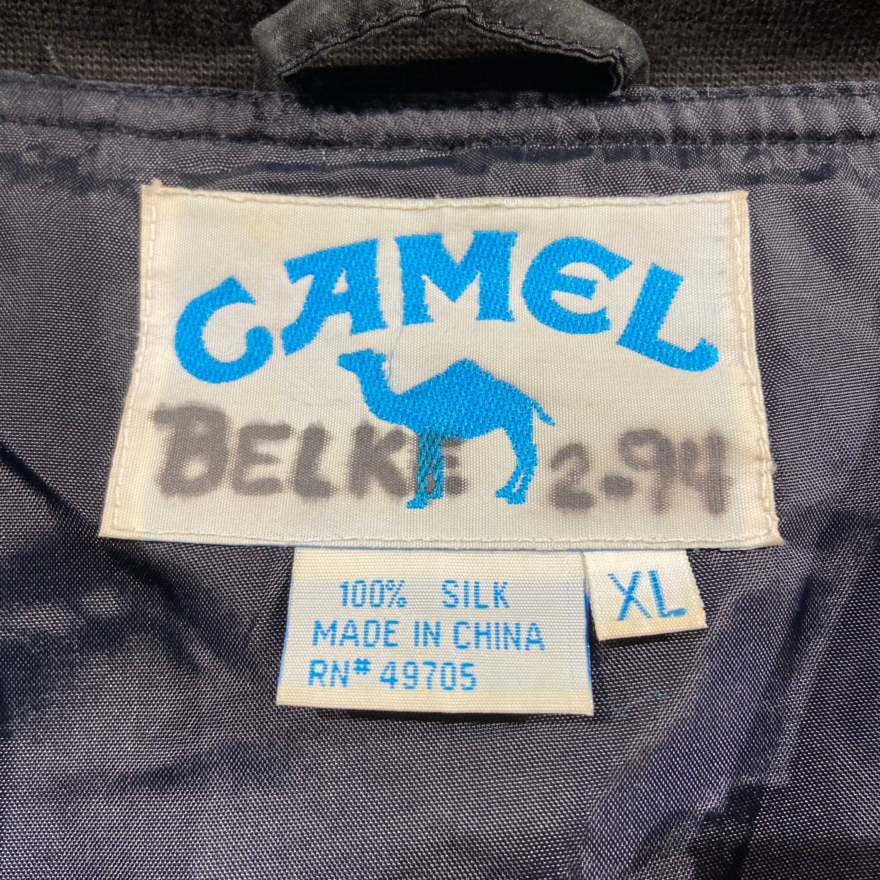 『XL』 CAMEL Silk Jacket キャメル ジャケット タバコ 企業ロゴ ワンポイント ロゴ 黒 ブラック シルク 古着 古着屋 高円寺  ヴィンテージ