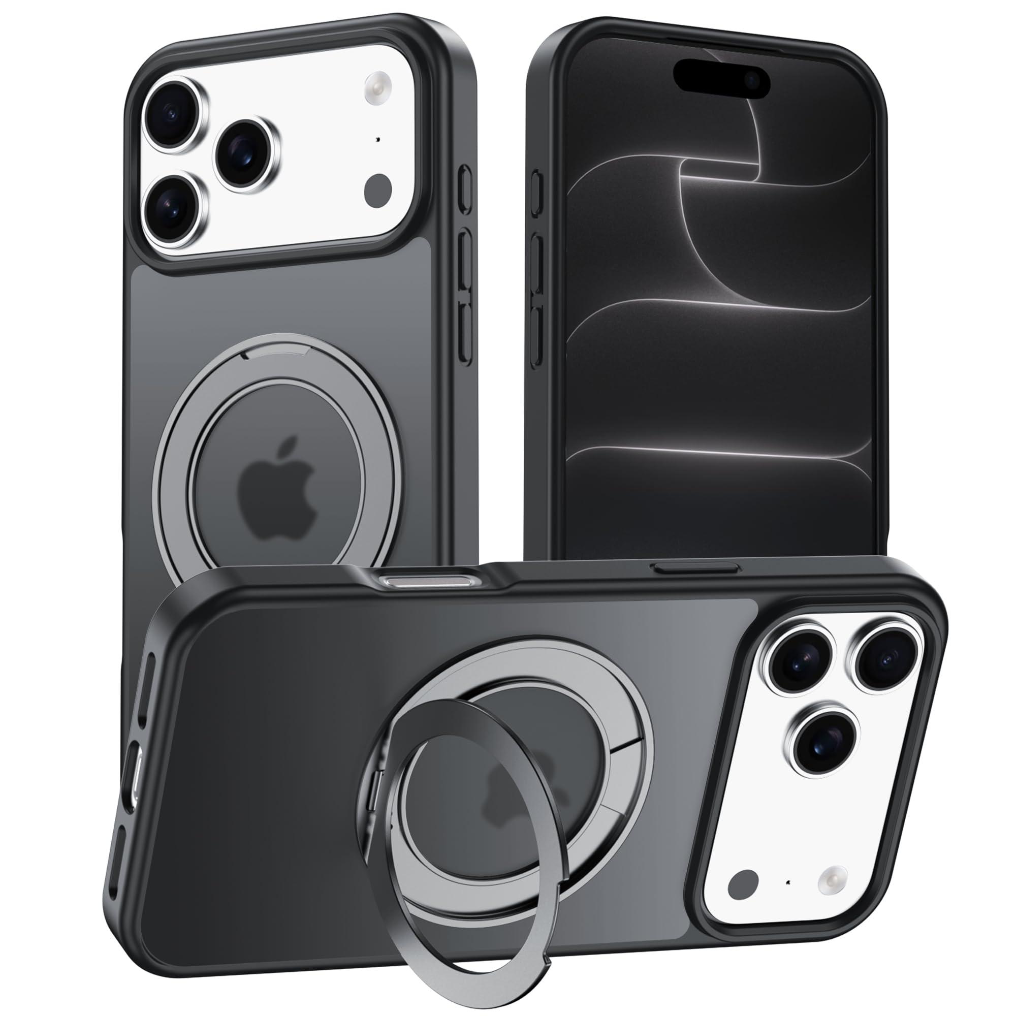 Konizu for iPhone 18 Pro Max ケース 多機能360度回転スタンド【3倍米軍MIL規格 耐衝撃/MagSafe対応】マット仕上げ 全面保護 指紋防止 黄変防止 半透明 アイフォン 18 Pro Max 用 カバー ブラック