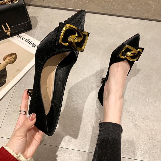 ヒールスプリングメタルスタンダードカジュアルソリッド カラーシングル 靴 シューズ レトロ ハイヒール 春物 ソリッドカラー フェイクシューズ81928383189