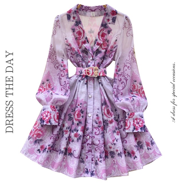 Vネック開襟フラワーミニドレス2色展開 D0106