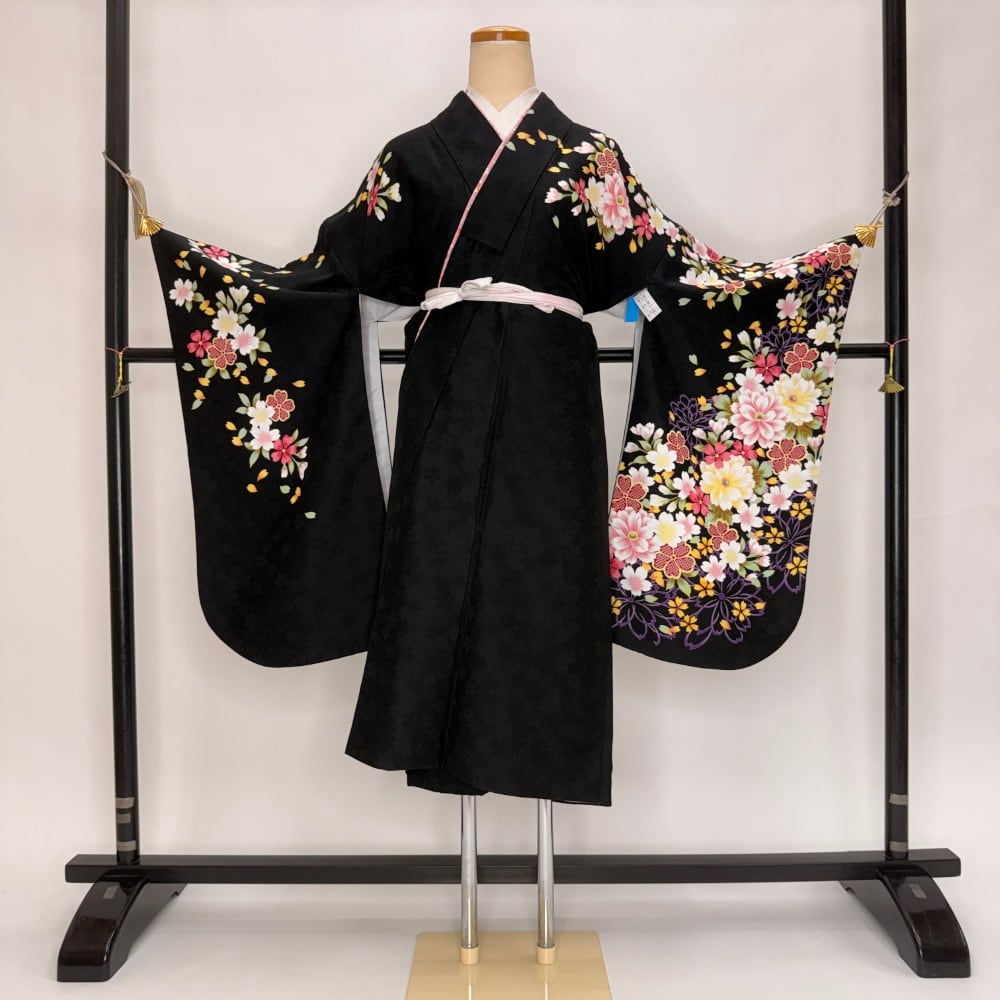 二尺袖 単品 卒業式着物 黒 裄68cm Lサイズ 袴用着物 化繊 中古 5803
