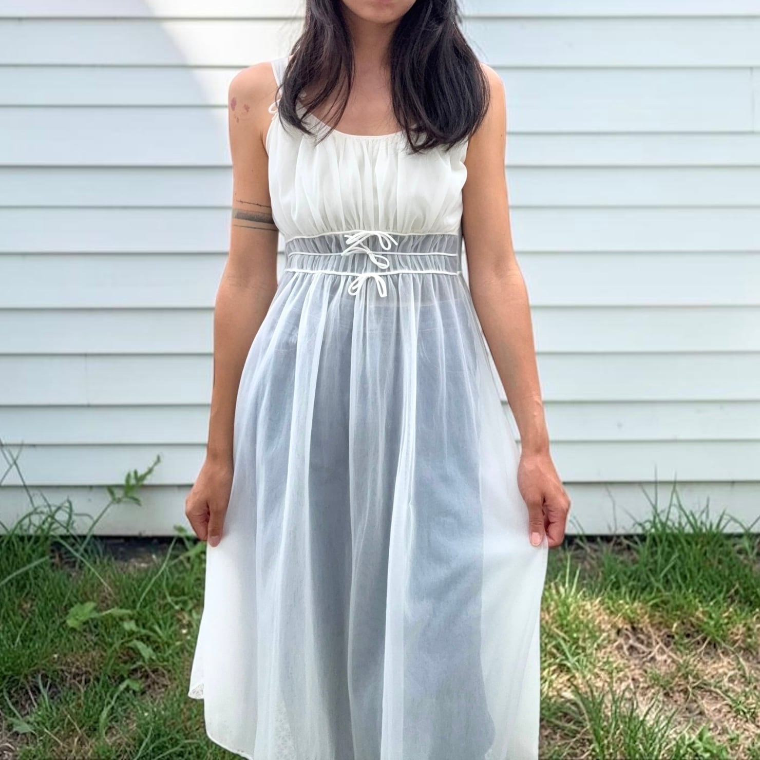 【LADIES】Vintage Sheer Ribbon Dress - Free Size
