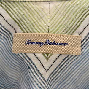 【Tommy Bahama】柄シャツ リネン 麻 マルチカラー マルチストライプ 長袖シャツ Lサイズ アメリカ古着