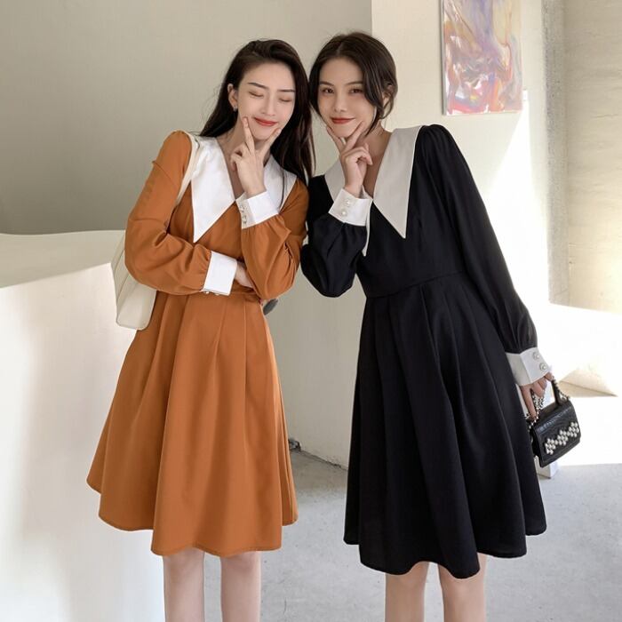 スタイルVネックドレス スプリングスタンダードカラー薄手スカート レトロ 春物 YY-ファッション26507628199