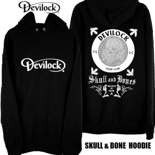 DEVILOCK / デビロック「SKULL & BONE HOODIE」オーバーサイズフーディー ビッグプルオーバーパーカー 裏パイルスウェット 長袖 黒ブラック スカル ドクロ バックプリントロゴ 2L 3L 4L メンズレディース ハードコア パンクロック PUNKROCK バンド フェス ステージ衣装 Rogia