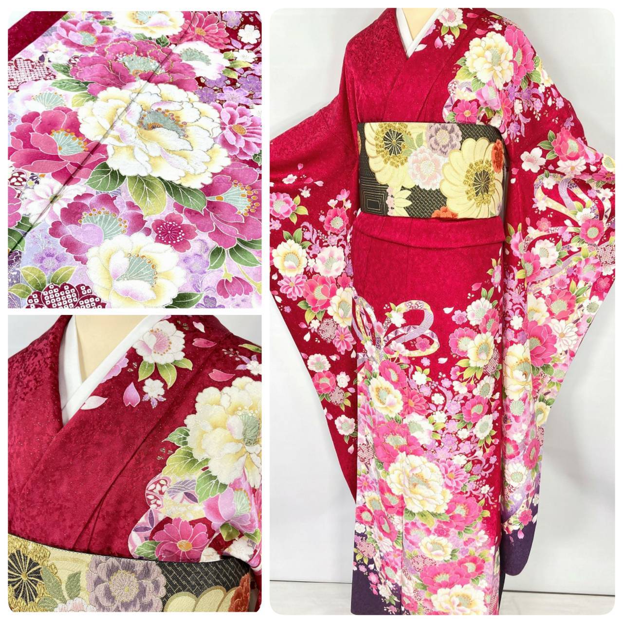 京友禅 刺繍 銀通し 帯セット 振袖 袋帯 花柄 トールサイズ 正絹 赤