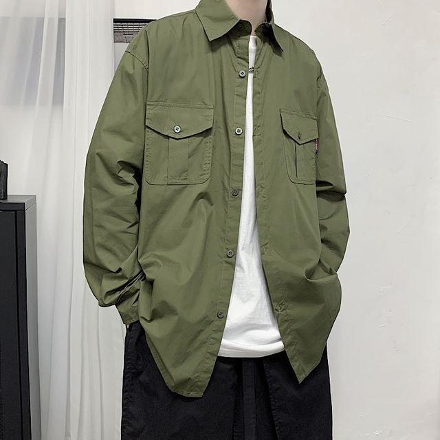 予約販売】シャツ 長袖 メンズ 無地 ブラック カーキ ベージュ 