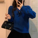 Cobalt Blue & White Silk-Blend V-Neck Sweater