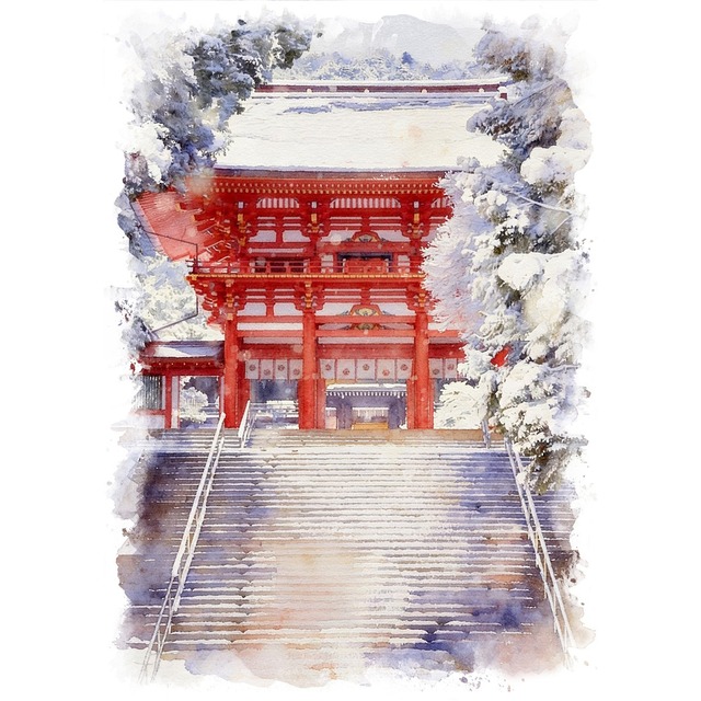 絵画 日本 滋賀県 冬 雪の近江神宮 風景画 インテリアアート額付き 水彩画・油絵風 WAT0171