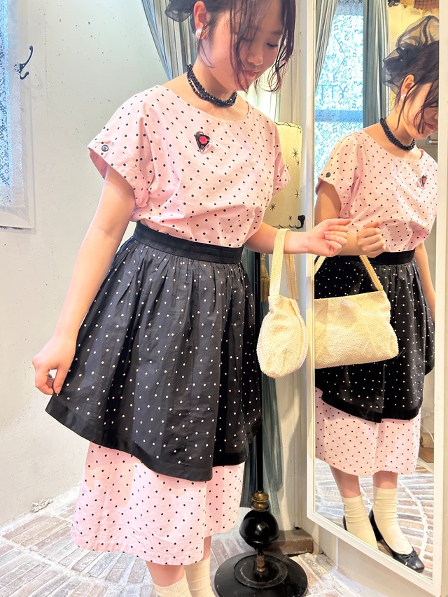 80's pink × black pin dot dress