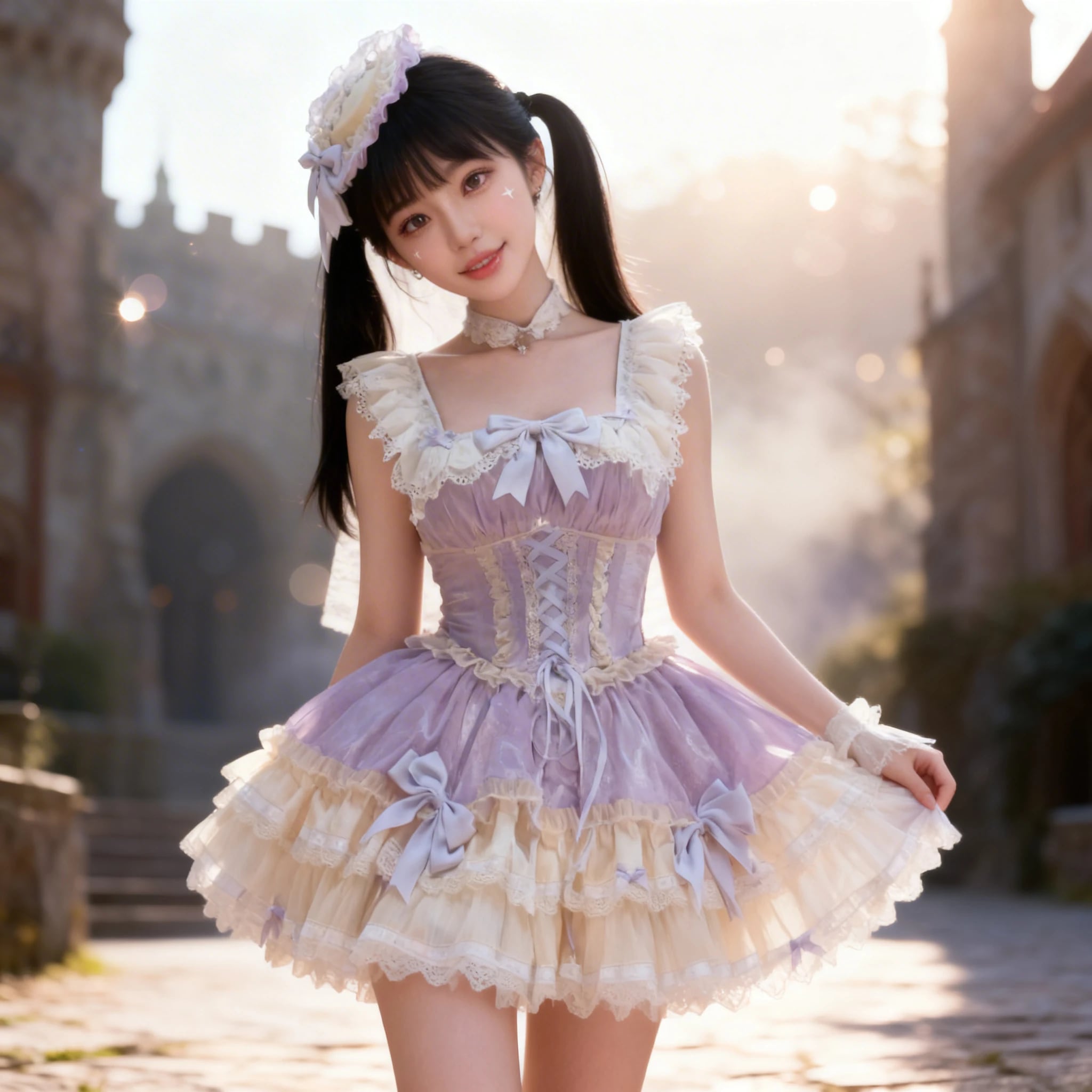 〔ロリータ〕ふわ甘ドールフリルロリータワンピース(リボン×コルセット風・選べる3カラー)