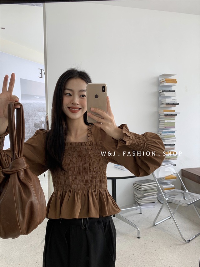 プリーツブラウス スプリングオータムスタンダードスタイルスリムロング レトロ 長袖 春物 秋物 スクウェア ビッグFスモールZ韓国56577520874