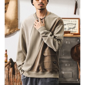 Patchwork ribbed knit crew neck tops 0211