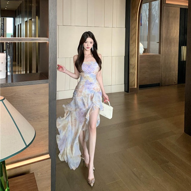 【2点セット】ロングドレスキャミワンピ花柄不規則フリル美足効果気質旅行SNS話題エレガントセクシー WQ2-XKD-D529-6769-May21