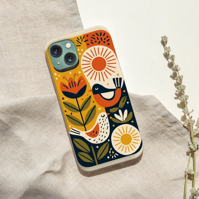 受注生産 iPhoneケース オレンジの太陽と花の民芸柄｜フォークアート FMSY064A