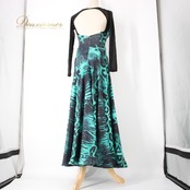 社交ダンス 衣装 スタンダード ドレス ワンピース パーティ衣装 オールシーズン グリーン系 青緑 黒 ブラック系 レース バイカラー 長袖 派手 ダンス衣装 フルスカート 袖あり おしゃれ 着やすい 伸縮性 120cm丈 フィット感 レディース パーティー 競技会 スタイル 艶やか エレガント 鮮やか 柄物