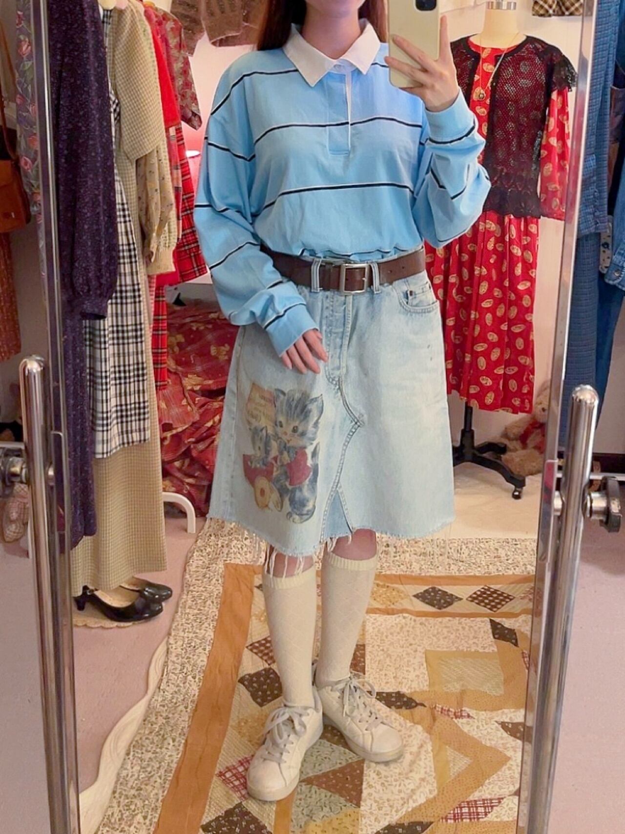 cat printed denim skirt