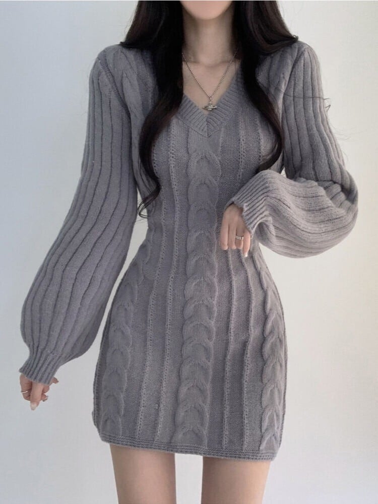 バブルスリーブ ケーブル編みミニニットワンピース | Lily Boutique