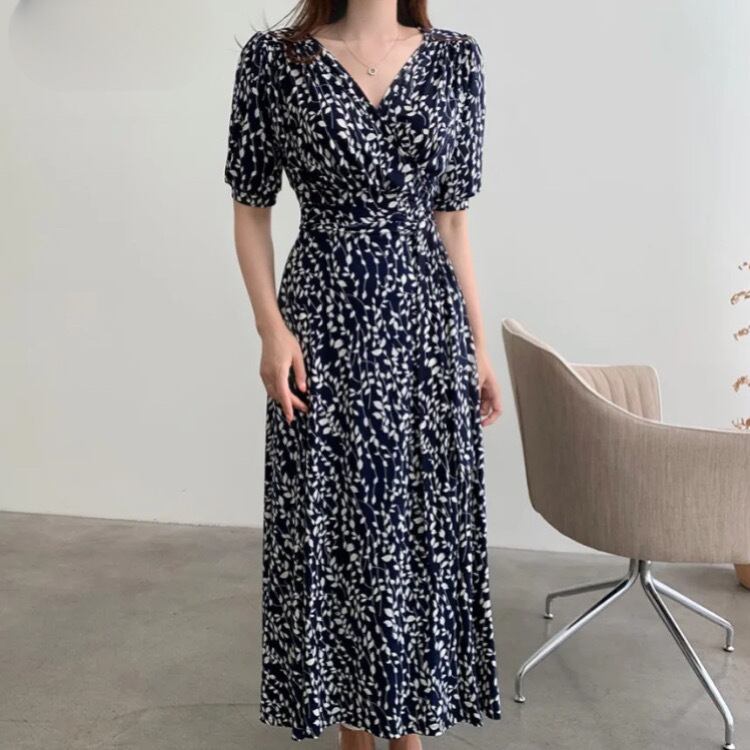 リーフプリントラップ風ドレス3445