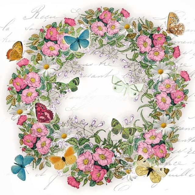 【Ambiente】バラ売り2枚 カクテルサイズ ペーパーナプキン Wreath of Flowers ホワイト