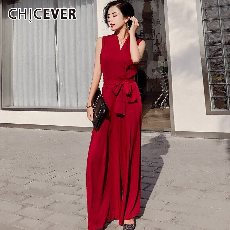 CHICEVERレースアップジャンプスーツ女性タンクノースリーブウエストボウノットプラスサイズワイドレッグジャンプスーツ2020服 リボン 大きめサイズ ワイドパンツ 6base539848143675