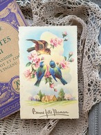 アンティークポストカード Bonne fete maman 母の日 小鳥 ブルーバード 風景 フラワー  フランス 額装 インテリア コレクション