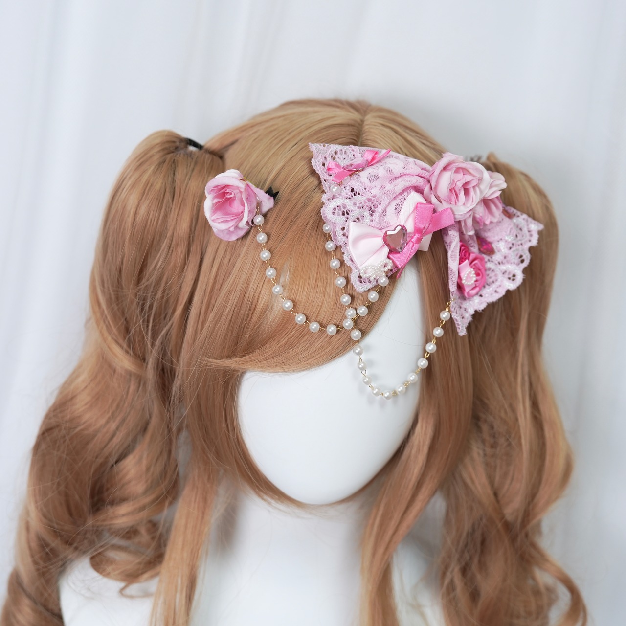 ♡【全2色】姫GAL ピンクローズ&パールチェーン レースリボンダブルヘアクリップ pink ♡