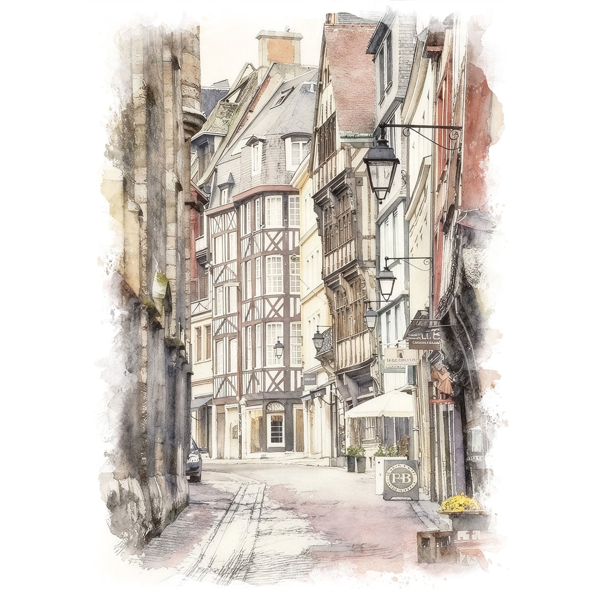 絵画 風景画(街並み) フランス ノルマンディー地方 ルーアン インテリアアート額付き 水彩画・油絵風 WAT1045