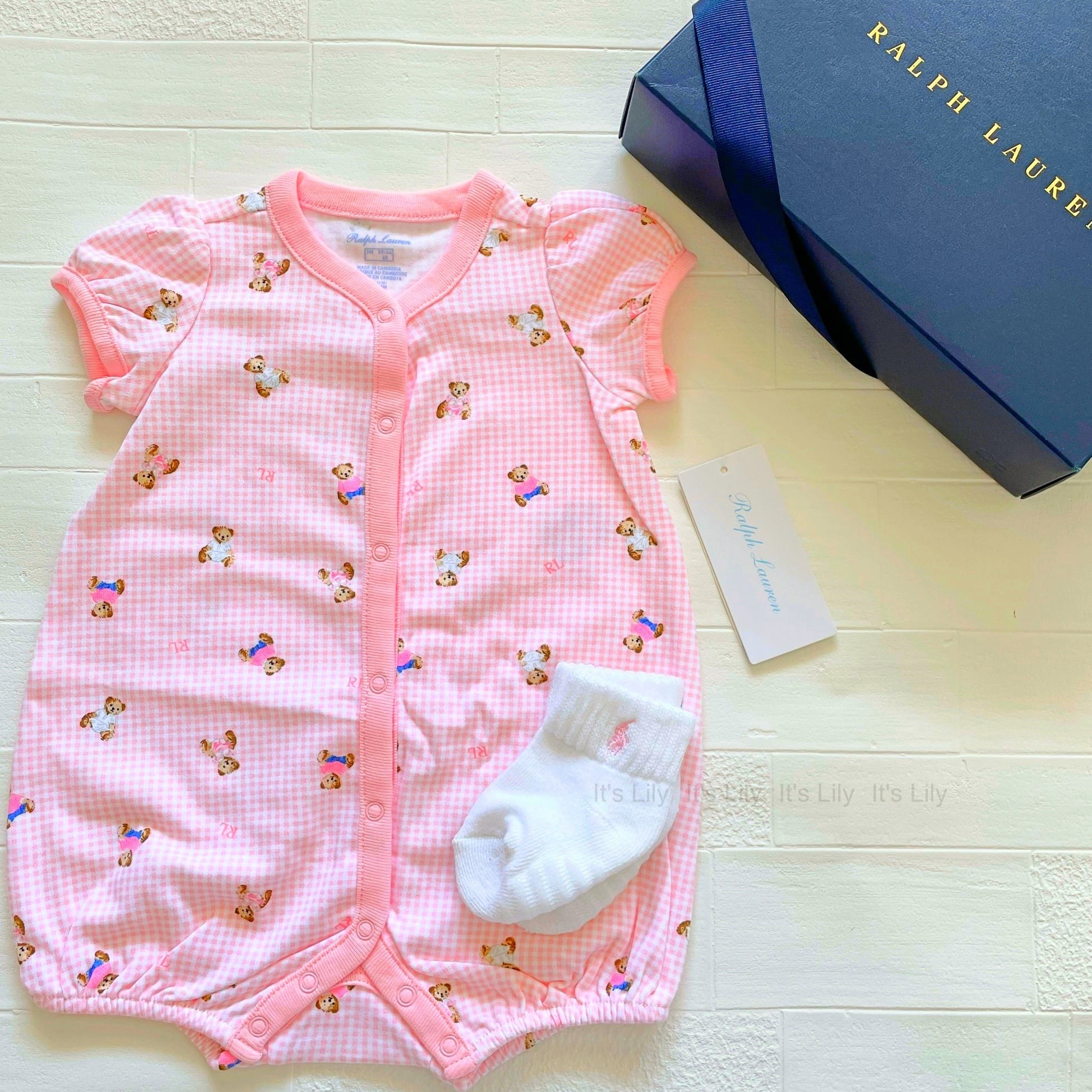 60 70 75 ラルフローレン ピンク ポロベアGチェック ロンパース | It 