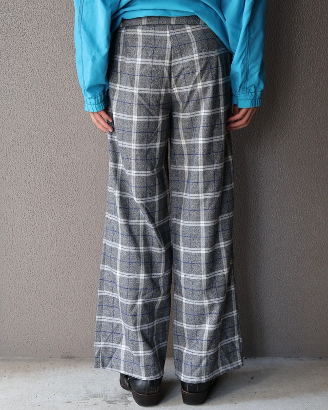 Waist string check wide straight pants