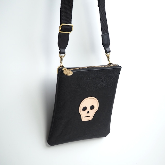 Zipper Mini Pochette (Skull Patch/Black) Genuine Leather Smartphone Shoulder Bag