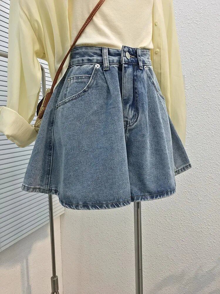 ハイウエストワイドレッグジーンズショートスカートレディースカジュアル多用途レトロ韓国スタイル夏新作デニムスカートパンツ