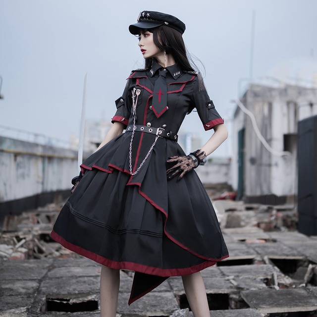 天使と悪魔 サブカル系 ロリータ ミリロリ 軍服 ワンピース 十字架 教会 ミモレ丈 半袖 チェーンリ ベット ミリタリースタイル 3ピース タイ サッシュベルト コンカフェ 天使と悪魔 サブカル系ファッション Seasonz