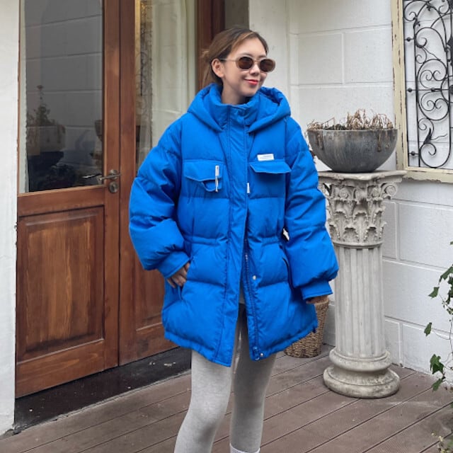 ダウンジャケット ミディアム丈 レディース アウター ダウン 暖かい フード 秋冬 防寒 お出かけ おしゃれ ハイセンス こなれ感 カラバリ豊富 ブルー/ピンク/ブラック/ホワイト S/M