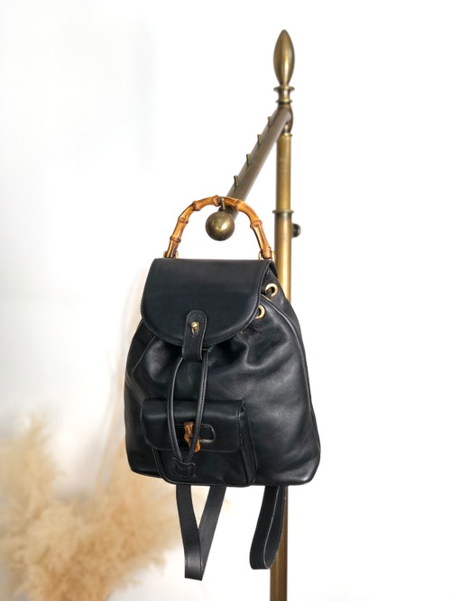 GUCCI グッチ バックパック ブラック バンブー レザー フロントポケット vintage ヴィンテージ オールド f7grwk